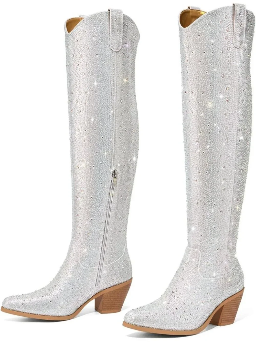 Women's Silver Over Knee Pointed Toe Sparkly Chunky Heel Thigh High Boots